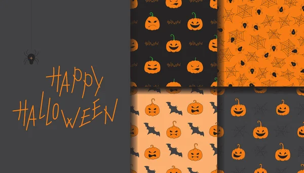 Feliz Halloween Conjunto Patrones Sin Costura Conjunto Patrones Sin Costuras — Archivo Imágenes Vectoriales