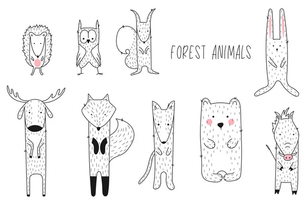 Forest Animals Collection Hand Drawn Bear Fox Wolf Deer Boar — Stock Vector