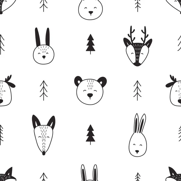 Animaux Forêt Motif Sans Couture Cerf Renard Ours Loup Épinette — Image vectorielle