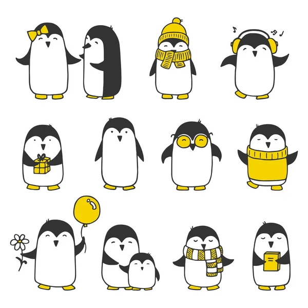 Cute Hand Drawn Penguins Set — Stock Vector