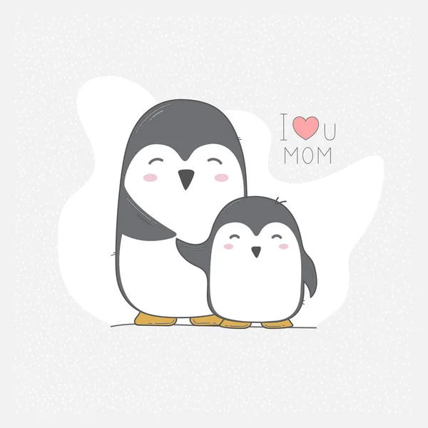 Kartu Vektor Gambar Tangan Dengan Penguin Lucu Aku Cinta Ibu - Stok Vektor