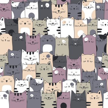 Kusursuz kedi deseni. El çizimi çizgi film kedileri kusursuz arkaplan.