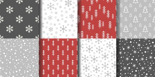 Set Seamless Winter Patterns Snowflakes Fir Trees — Stock Vector