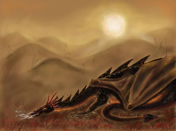 Digital painting. Digital hand drawn image of the laying black dragon in the futuristic hills landscape on the sunset.