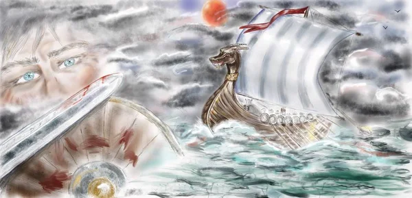Digital painting. Digital hand drawn image of the vikings drakkar is at the stormy sea and the man face with sword and shield.