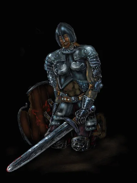 The digital painting of the kneeling knight in helmet, full armor and broken shield.