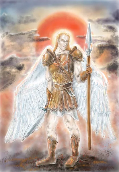 Digital painting. Digital hand drawn image of the sunset angel-warrior wearing the bronze armor.