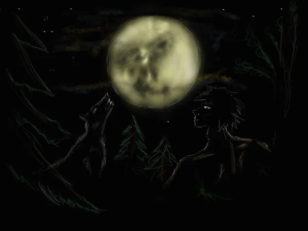 Hand drawn digital image of the wolf moon