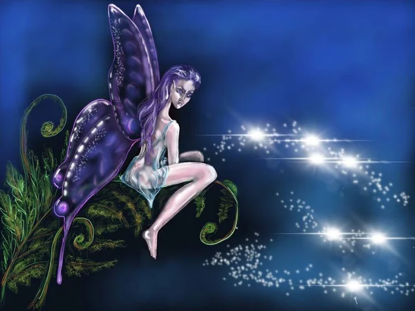 デジタル手描きの妖精はシダの上に座っています ダークバージョン — ストック写真