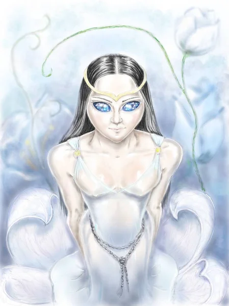 Digital painting. Digital hand drawn image of the beautiful elf queen stands on the flower. Blue pastel colors.