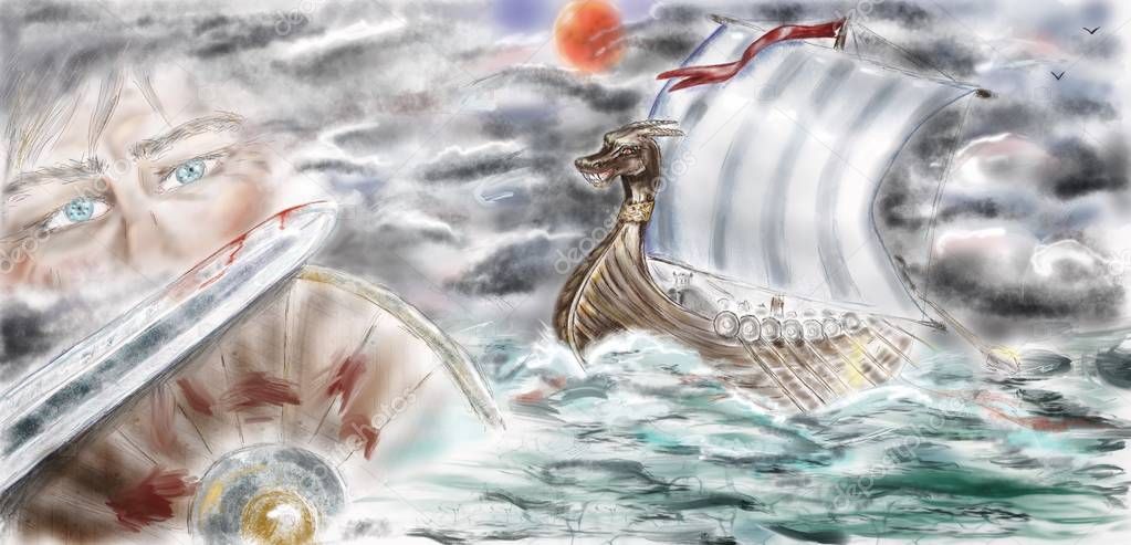 Digital painting. Digital hand drawn image of the vikings drakkar is at the stormy sea and the man face with sword and shield.