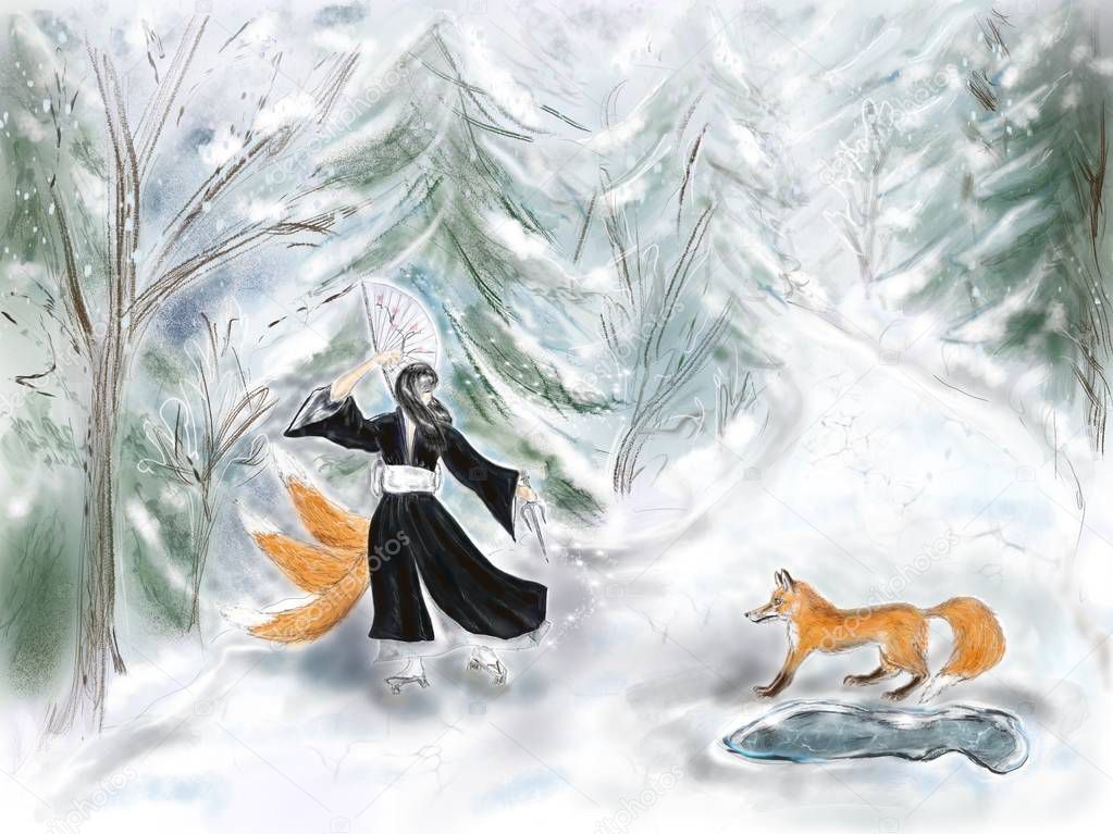 Digital painting. Digital hand drawn image of the dancing kitsune, legendary woman-fox, and the fox in the winter forest.
