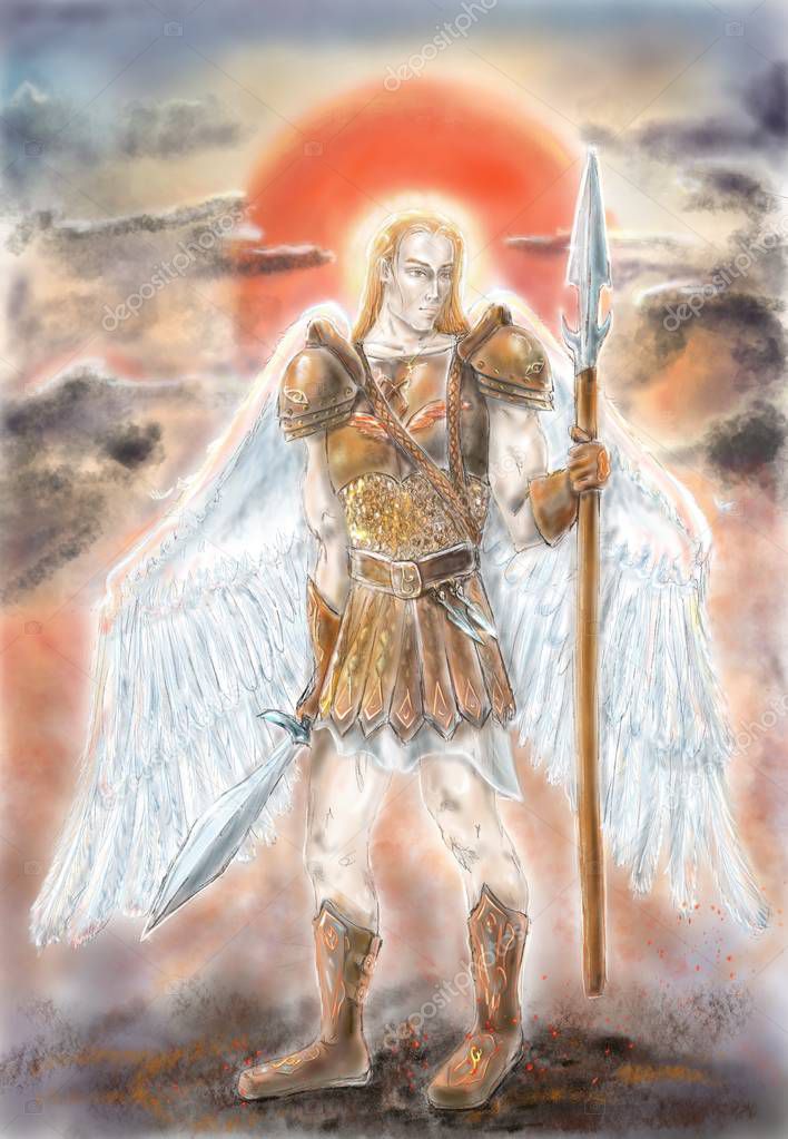 Digital painting. Digital hand drawn image of the sunset angel-warrior wearing the bronze armor.