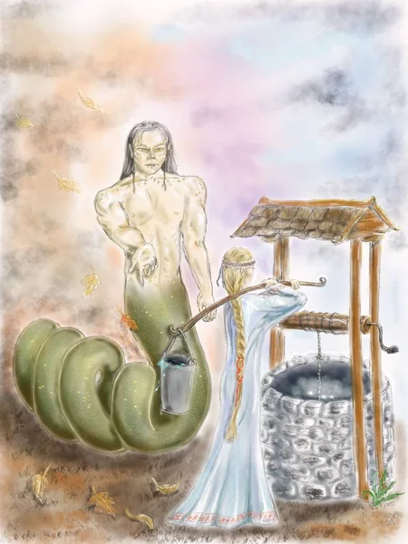 The digital painting. Digital hand drawn image of the snake man and the girl taking water from the dawn-well.