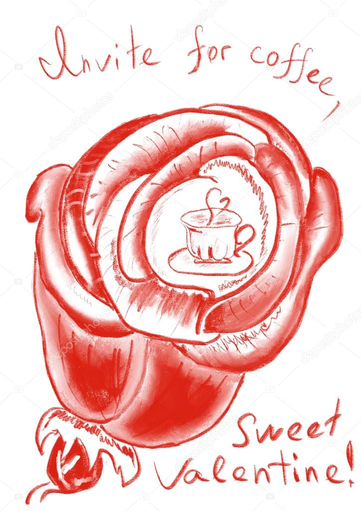 Digital drawing red chalk on white background small cup of coffee integrated into the red rose flower with text  invite for coffee, sweet Valentine 