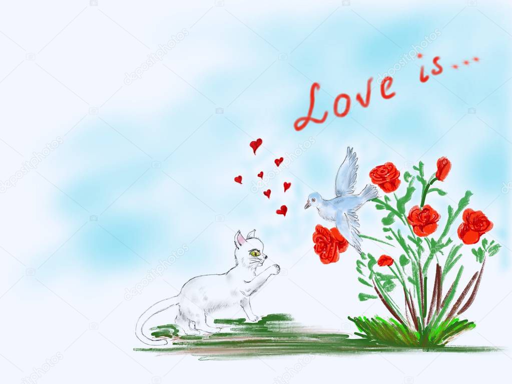 The cute white cat plays with the dove sitting on the red roses bush. Digital  hand drawn 