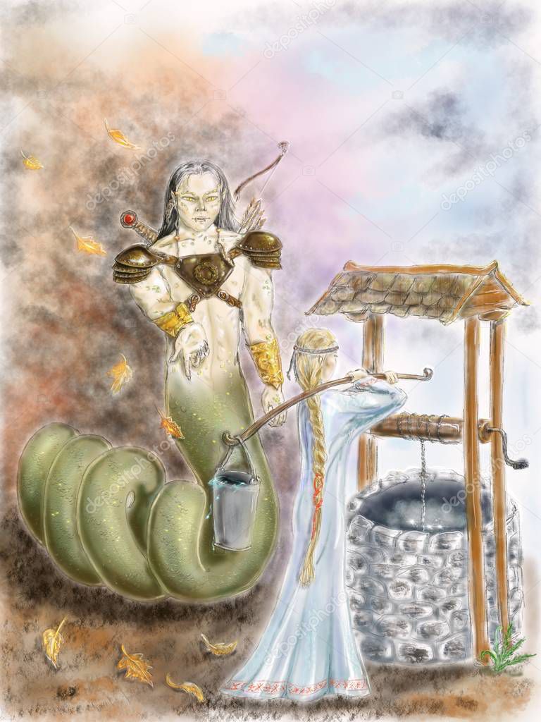 The digital painting. Digital hand drawn image of the snake man king warrior and the girl taking water from the dawn-well.