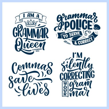 Gramer hakkında elle çizilmiş kompozisyonlarla ayarlanmış. Komik sloganlar. Ayrı el yazısı alıntıları. Kitap kapağı, kartpostal, tişört baskısı ya da poster için harika bir tasarım. Vektör illüstrasyonu