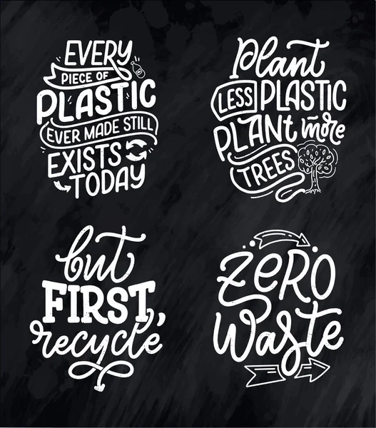 Establecido Con Lemas Letras Sobre Reciclaje Residuos Concepto Naturaleza Basado — Vector de stock