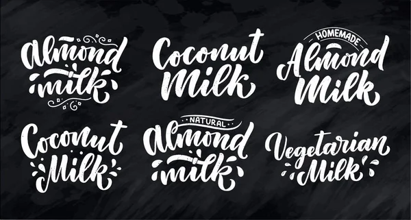 Вегетарианские Кокосовые Миндальное Молоко Буквы Цитаты Баннера Логотип Дизайн Упаковки — стоковый вектор