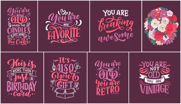 Set Met Verjaardags Belettering Retro Stijl Jubileum Uitnodigingskaarten Vintage Uitnodigingssjablonen — Stockvector