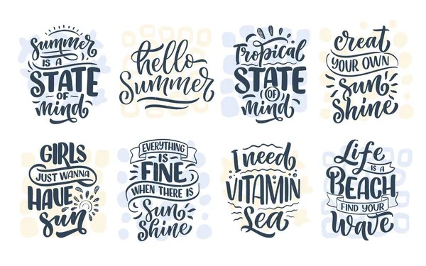 Set Con Composiciones Letras Dibujadas Mano Sobre Verano Lemas Temporada — Vector de stock