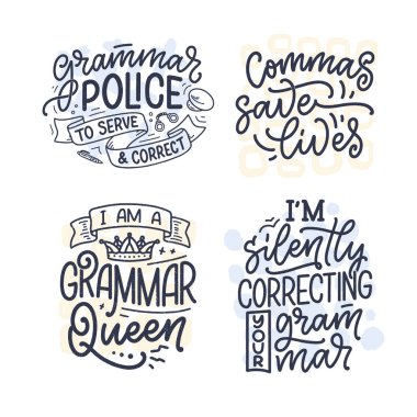 Gramer hakkında elle çizilmiş kompozisyonlarla ayarlanmış. Komik sloganlar. Ayrı el yazısı alıntıları. Kitap kapağı, kartpostal, tişört baskısı ya da poster için harika bir tasarım. Vektör