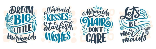 Set con graciosas citas de letras dibujadas a mano sobre sirena. Frases frescas para estampado de camisetas y diseño de póster. Eslóganes inspiradores para niños. Tarjeta de felicitación plantilla. Vector — Vector de stock