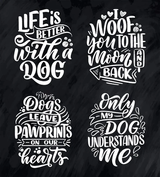Komik ifadeli vektör illüstrasyonu. Köpekler hakkında elle çizilmiş ilham verici alıntılar. Poster, tişört, kart, davetiye, etiket.