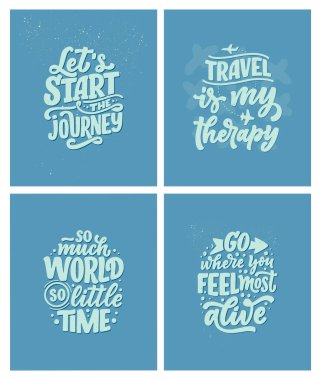 Seyahat ve güzel anlar hakkında ilham alıntıları, posterler ve baskılar için el yazması sloganlar. Motivasyon tipografisi. Kaligrafi tasarım elementleri. Vektör