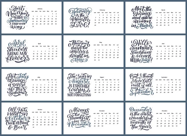 Moderne composizioni tipografiche lettering per il calendario 2021 anno con citazioni divertenti motivazione. Illustrazioni disegnate a mano. slogan di stagione alla moda, grafica vettoriale — Vettoriale Stock