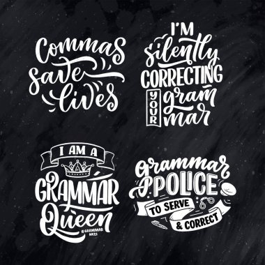 Gramer hakkında elle çizilmiş kompozisyonlarla ayarlanmış. Komik sloganlar. Ayrı el yazısı alıntıları. Kitap kapağı, kartpostal, tişört baskısı ya da poster için harika bir tasarım. Vektör