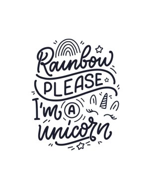 Komik el, tek boynuzlu at hakkında bir alıntı yaptı. Baskı ve poster tasarımı için havalı bir ifade. İlham verici çocukların sloganı. Tebrik kartı şablonu. Vektör illüstrasyonu