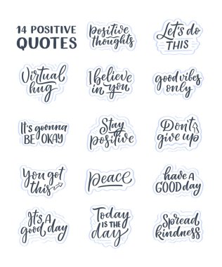 Modern tarzda pozitif harf sloganlarıyla ayarlanmış. Posterler, baskılar ve moda tasarımı için elementler. El yazısıyla çizilmiş alıntılar. Moda vektör illüstrasyonu.