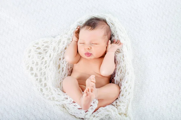 Sleeping Newborn Baby Boy Lies Knite Plaid — Stock Photo, Image