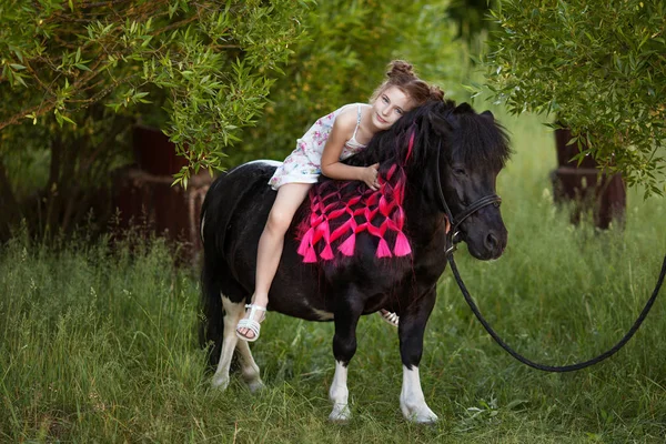 Милая Маленькая Девочка Черным Пони Парке — стоковое фото