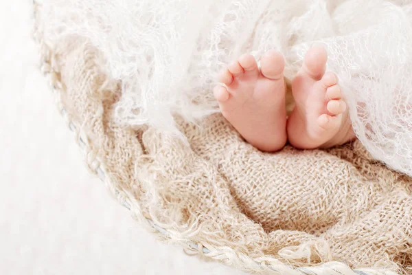 Voeten Van Pasgeboren Baby Gebreide Plaid Close Foto — Stockfoto