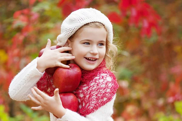 Beautiful Little Girl Holding Apples Autumn Garden Little Girl Playing — Stock Photo, Image