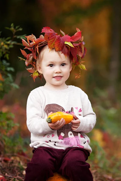 Carina Bambina Che Gioca Con Midollo Vegetale Nel Parco Autunnale — Foto Stock