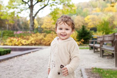 Küçük boy gülümseyerek autumb parkında çalışır. Güzel çocuk gülümsüyor ve sevinç vardır. Çocuklar için açık hava etkinlikleri