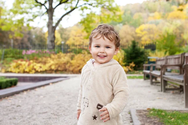 Маленький Улыбающийся Мальчик Бегает Осеннему Парку Милый Ребенок Улыбается Радуется — стоковое фото