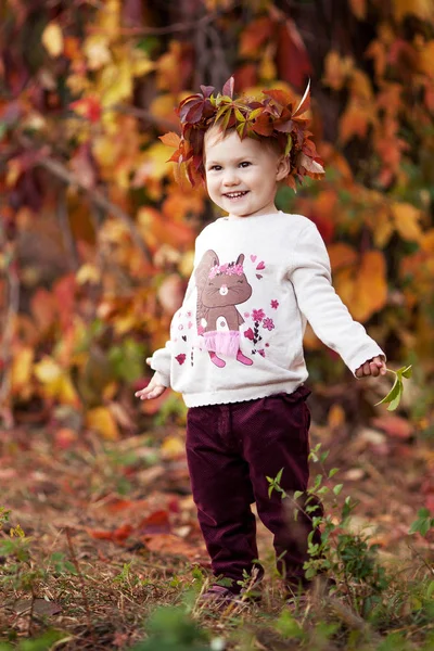 Jesienne Emocjonalne Portret Dziewczynki Całkiem Mała Dziewczynka Czerwonej Liście Winogron — Zdjęcie stockowe