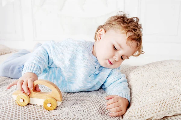Child Boy Playing His Room Wooden Toy Car — Stock Photo, Image