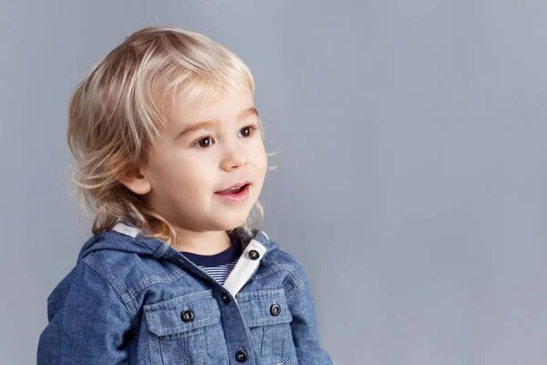 Portret van een jonge blonde jongen op grijze achtergrond. Een drie jaar oud — Stockfoto
