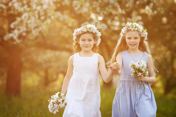 Meninas Bonitas Vestidos Longos Jardim Com Macieiras Florescentes Meninas Sorridentes — Fotografia de Stock