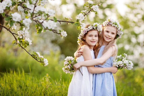 Meninas Bonitas Vestidos Longos Jardim Com Macieiras Florescentes Meninas Sorridentes — Fotografia de Stock