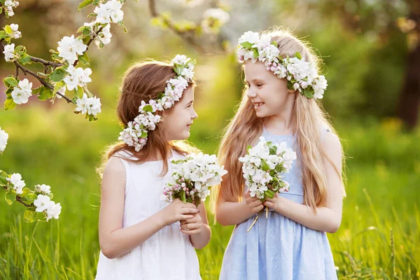 Meninas Bonitas Vestidos Longos Jardim Com Macieiras Florescentes Meninas Sorridentes — Fotografia de Stock