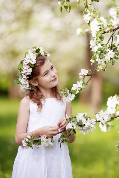 Menina Bonita Vestido Branco Jardim Com Macieiras Florescentes Menina Bonito — Fotografia de Stock