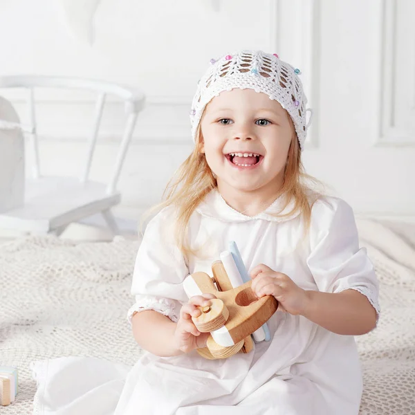 Smiling Child Girl Playing Wooden Toys Little Cute Girl Natural — Stock Photo, Image