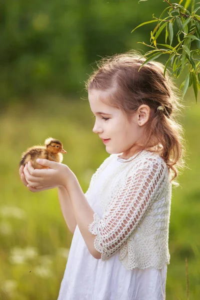 Kislány Egy Aranyos Kiskacsa Kezében — Stock Fotó